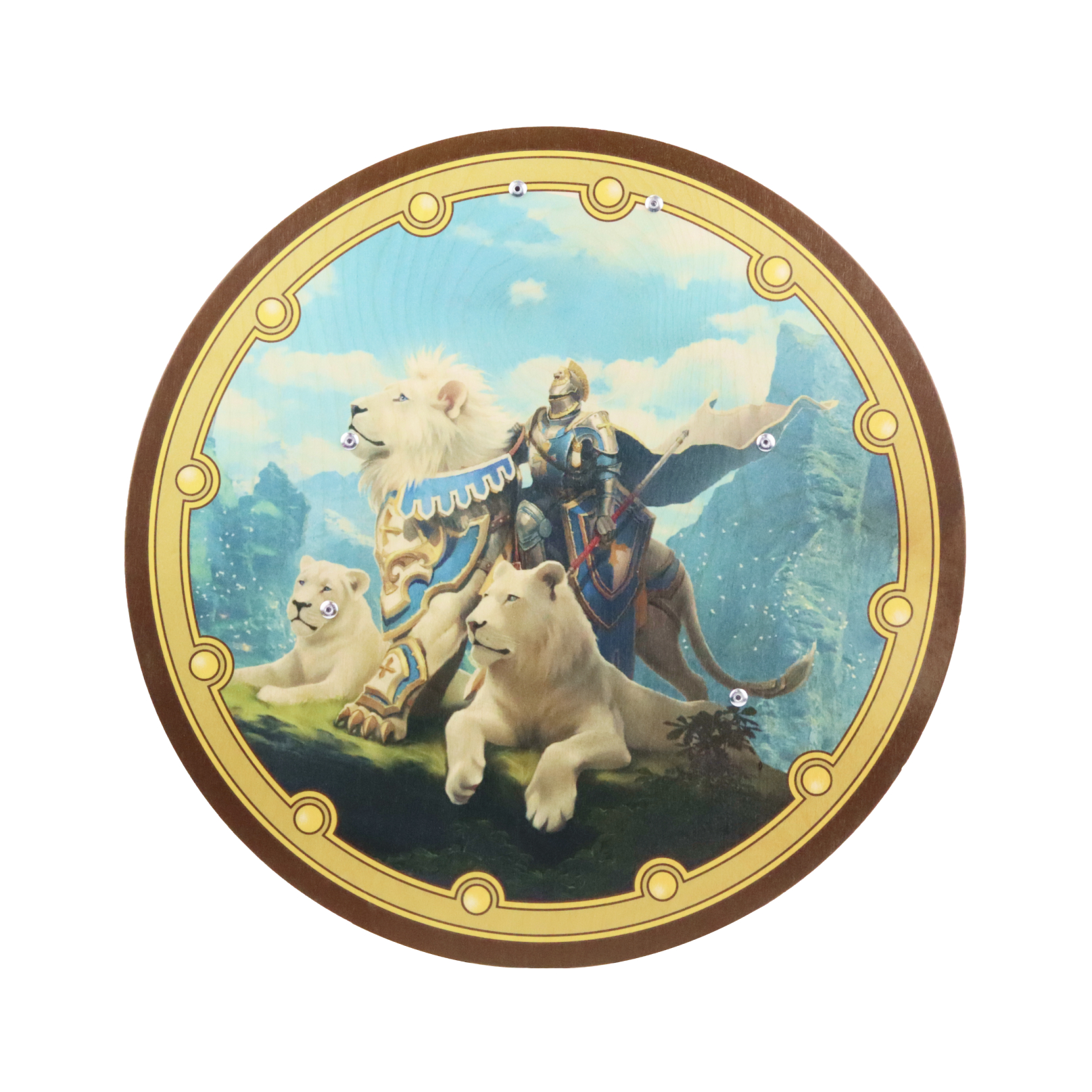 Круглый деревянный щит детский Три льва и рыцарь