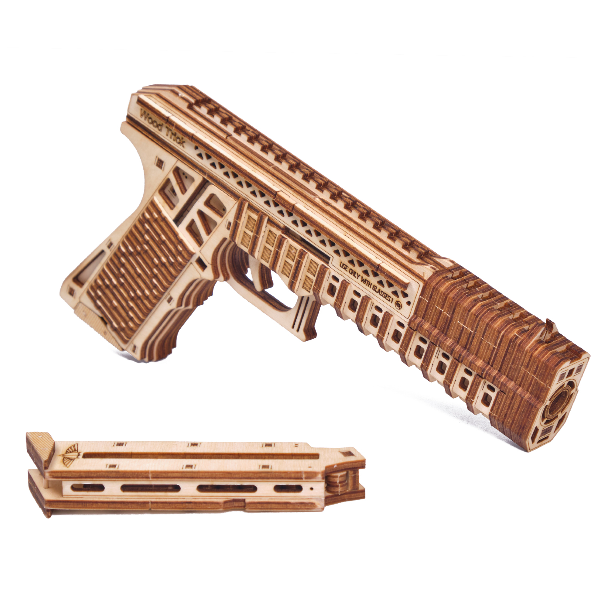 Механическая деревянная сборная модель Wood Trick Пистолет и ТИР Электронный