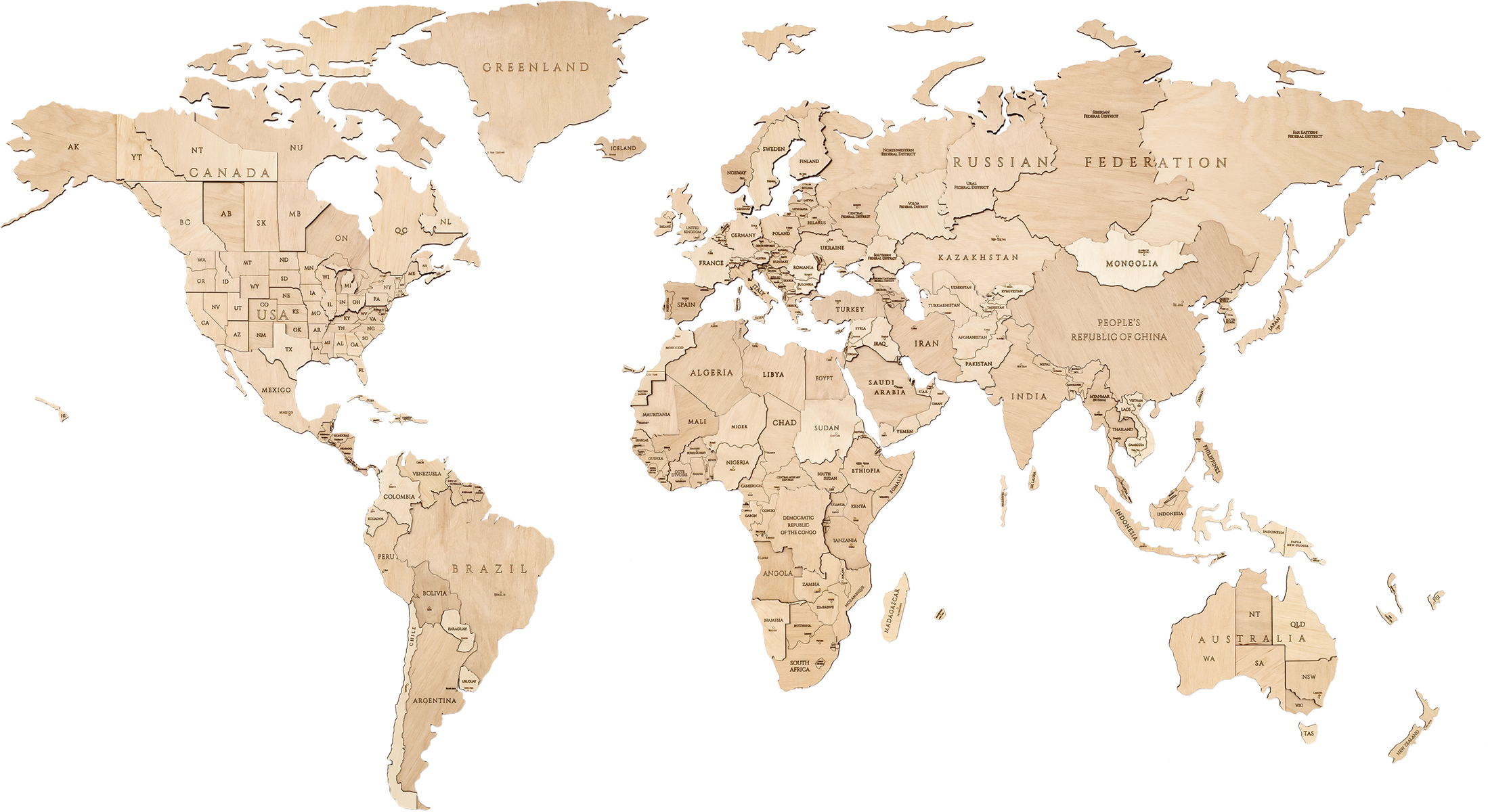 EWA Деревянная Карта Мира настенная, объемная 3 уровня, размер S (100x55 см), цвет натуральный