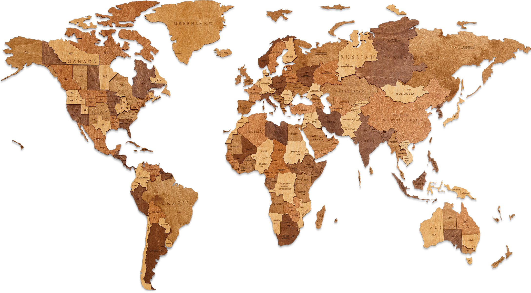 EWA Деревянная Карта Мира настенная, объемная 3 уровня, размер L (192x105 см), цвет шоколад