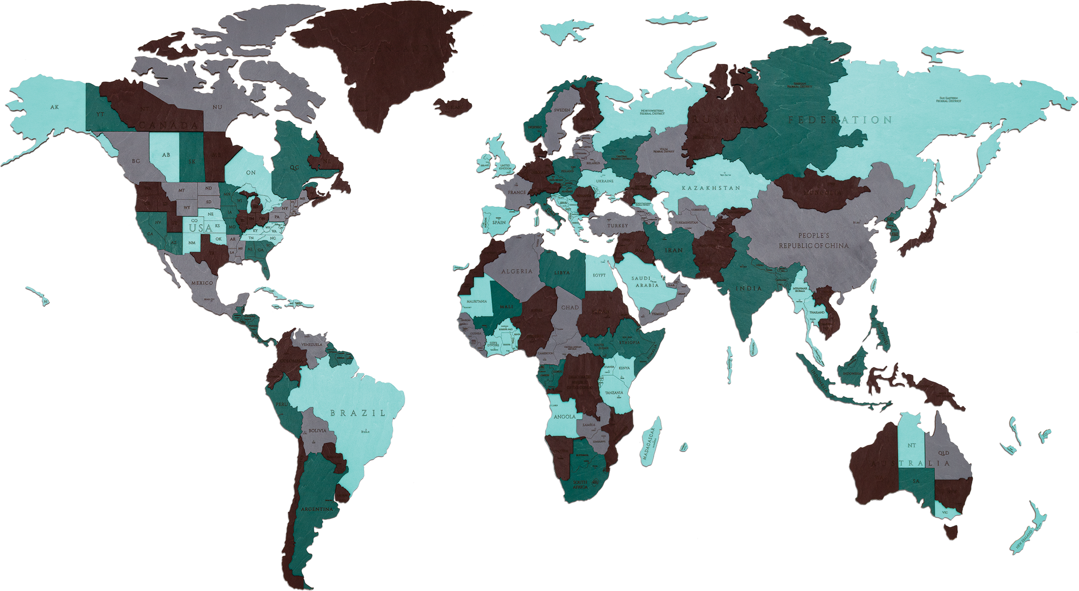 EWA Деревянная Карта Мира настенная, объемная 3 уровня, размер L (192x105 см), цвет изумуруд