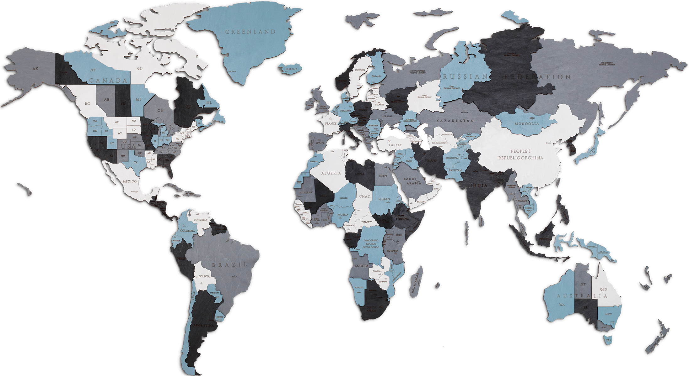 EWA Деревянная Карта Мира настенная, объемная 3 уровня, размер S (100x55 см), цвет дымчатый