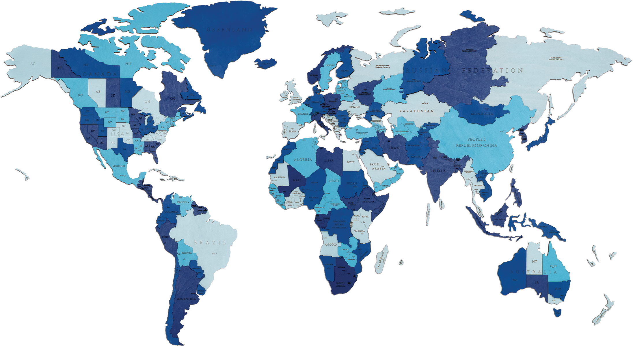 EWA Деревянная Карта Мира настенная, объемная 3 уровня, размер L (192x105 см), цвет синий