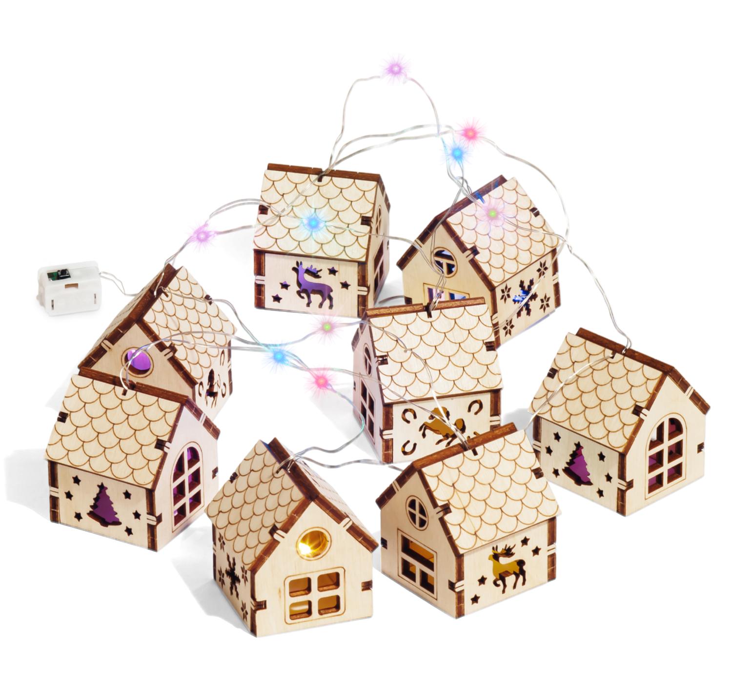 Купить Деревянный конструктор DROVO Гирлянда Новогодние домики оптом
