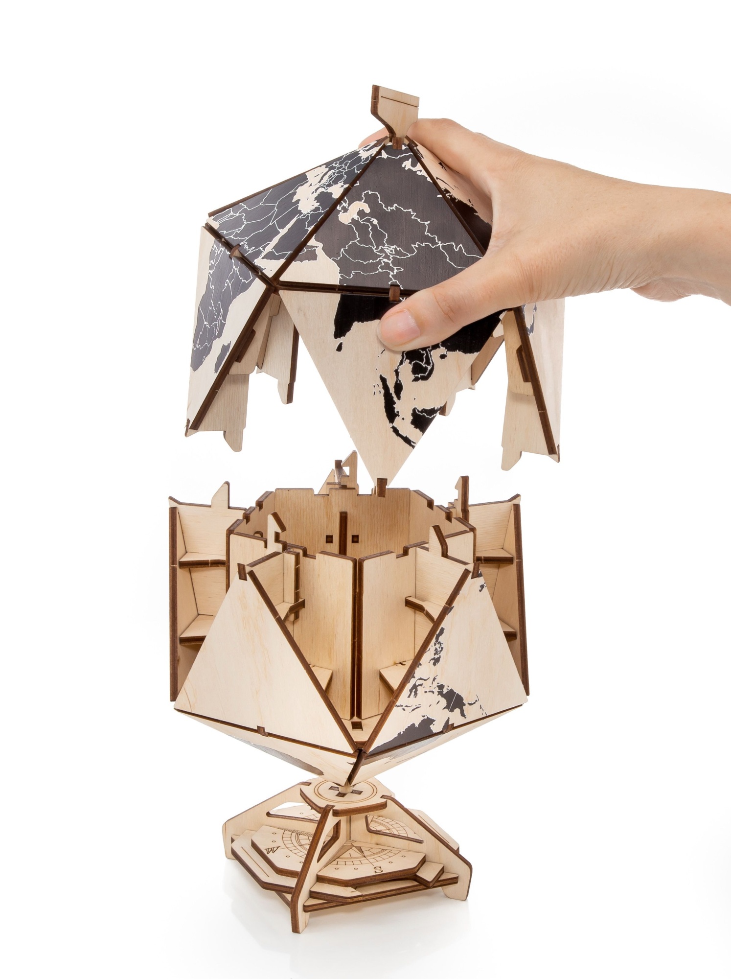 Купить Конструктор деревянный 3D EWA Глобус Икосаэдр с секретом (шкатулка, сейф) черный оптом