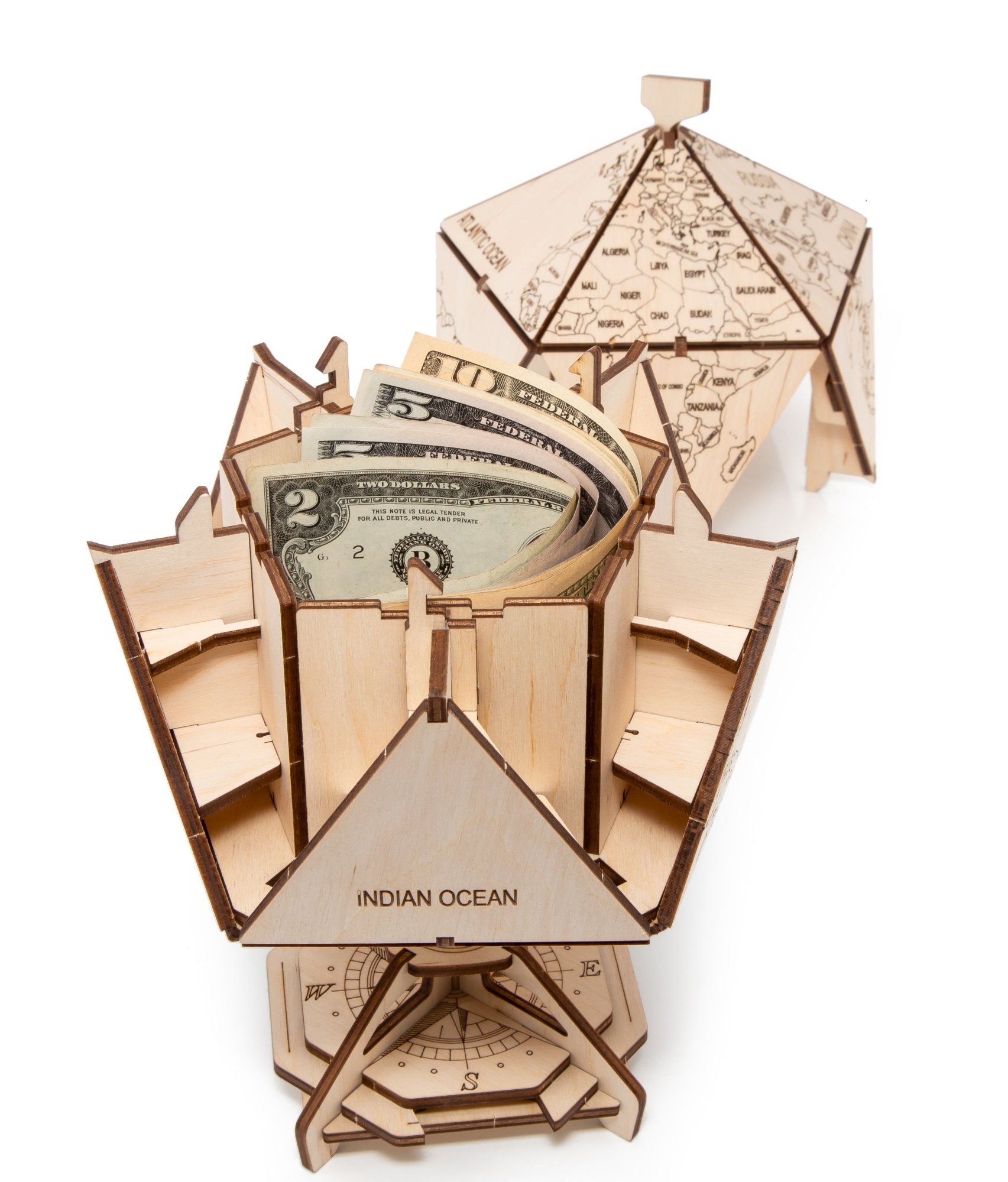 Купить Конструктор деревянный 3D EWA Глобус Икосаэдр с секретом (шкатулка, сейф) черный оптом