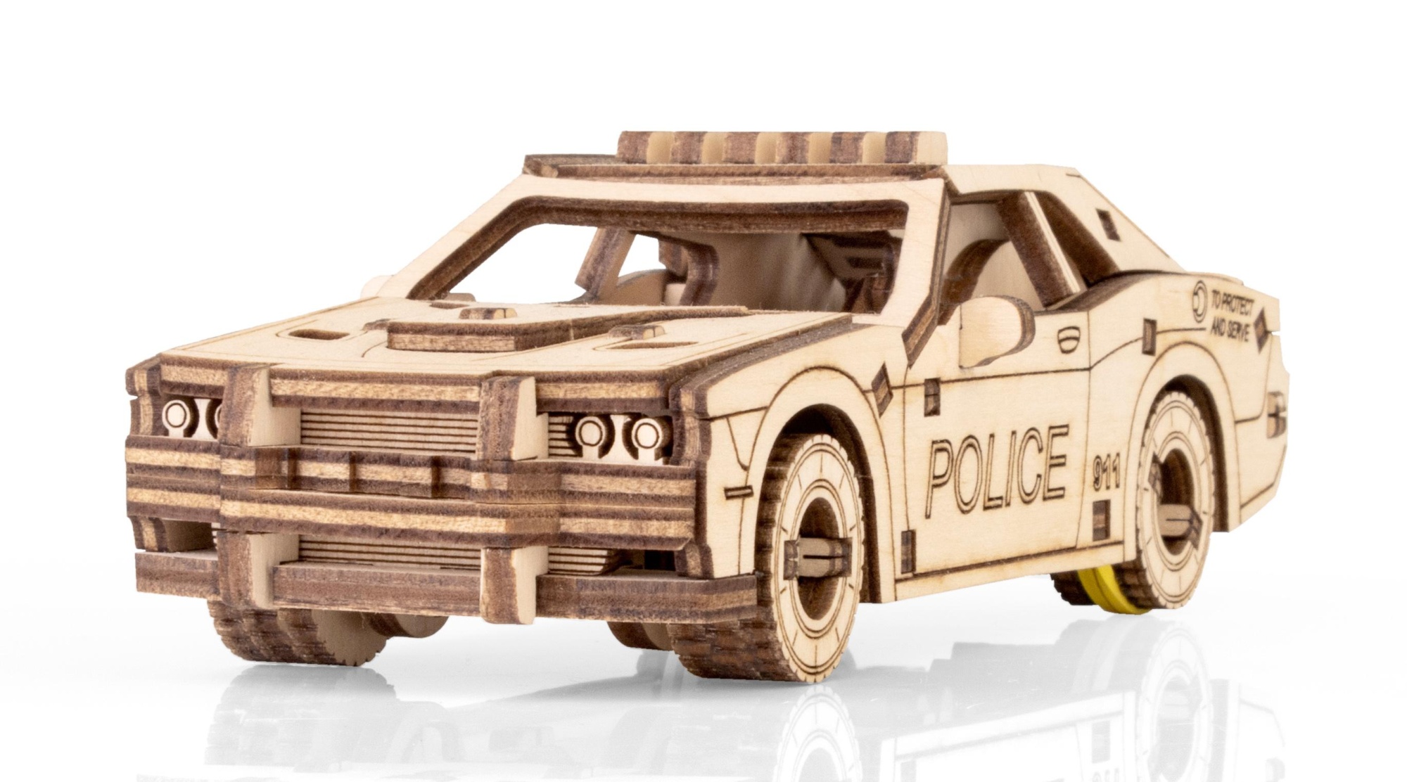 Деревянный конструктор EWA Полицейская машина с заводным механизмом