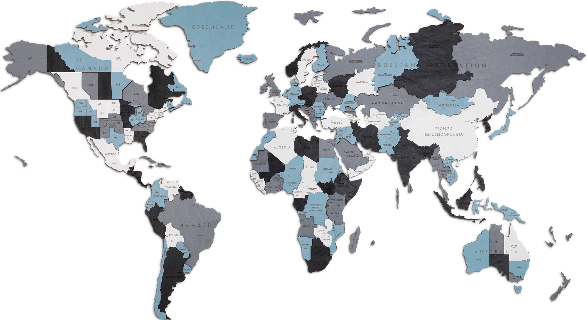 EWA Деревянная Карта Мира настенная, объемная 3 уровня, размер S (100x55 см), цвет дымчатый