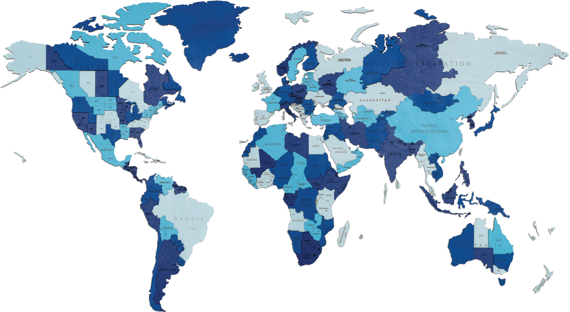 EWA Деревянная Карта Мира настенная, объемная 3 уровня, размер L (192x105 см), цвет синий